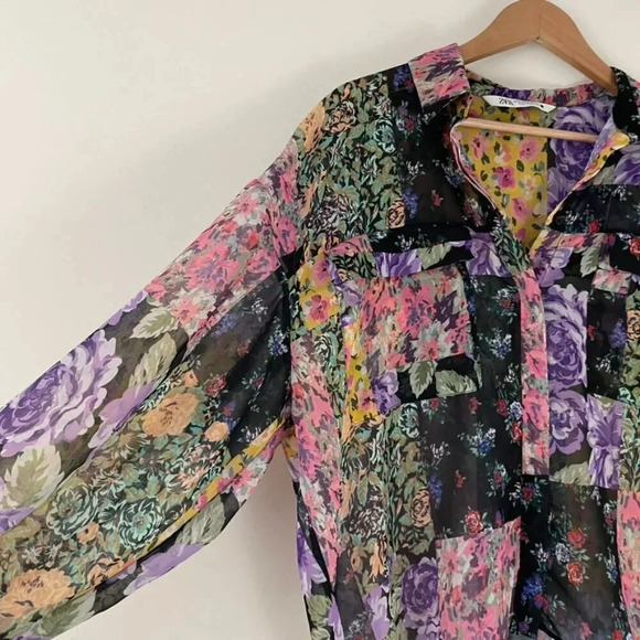 Zara The Amelie Floral Patchwork Button Down Shirt Size Medium - Picture 6 of 7